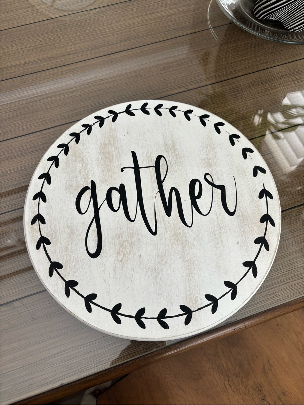 Round "Gather" Farmhouse Lazy Susan-White & Black